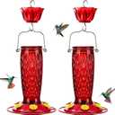 Kingsyard 2 Pack Glass Hummingbird Feeders for Outdoors Hanging, Wild Bird Nectar Feeder with 6 Feeding Ports, 24 oz Leak-Proof, Red (Ant Moat Included)