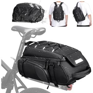 RAINSMORE Bike Bags for Bicycle Rear Rack 15L Waterproof Bike Ebike Trunk Pannier Saddle Bag with Rain Cover Bike Accessories Backpack Shoulder Bag for Commuter Travel Outdoor, Black