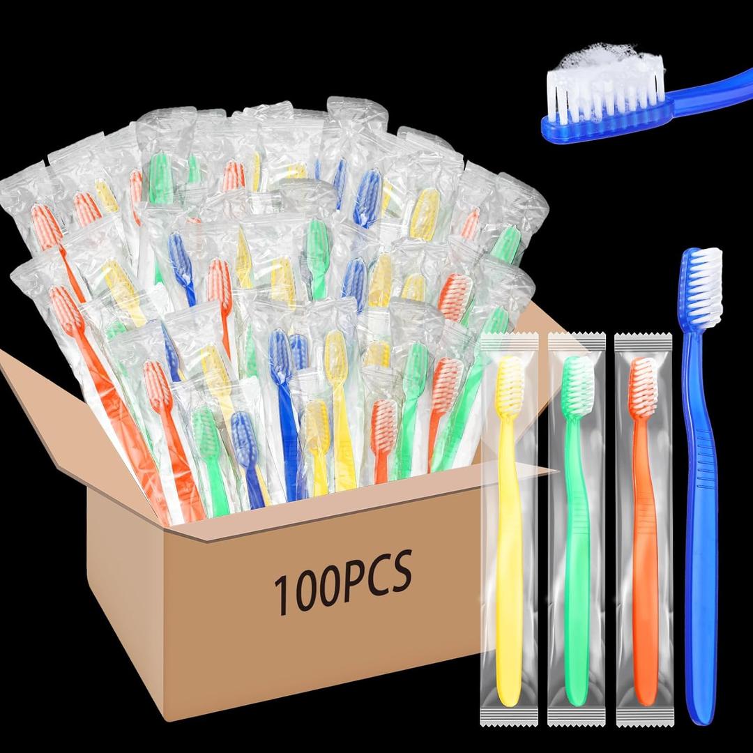 100 Pcs Prepasted Disposable Toothbrushes Bulk Individually Wrapped Pre Pasted Soft Bristle Set Travel Colorful Toothbrushes for Homeless Gift Hotel Camping Travel