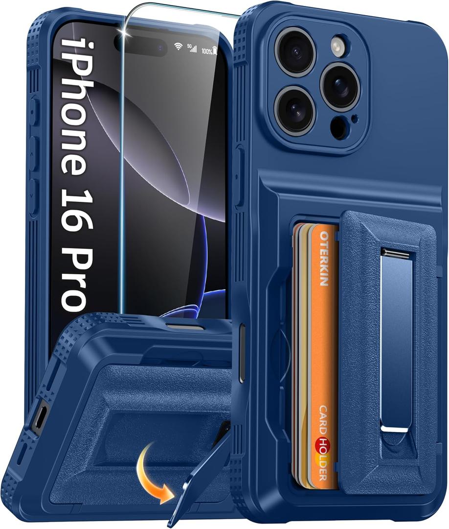 Oterkin for iPhone 16 Pro Wallet Case [4-5 Card Holder] [Metal Kickstand] [Screen Protector] [Full Camera Protection][RFID Blocking] Military-Grade Heavy Duty Phone Case Cover for iPhone 16 Pro, Blue