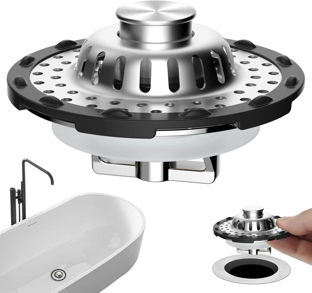 Universal Bathtub Drain Stopper Shower Drain Hair Catcher, Tub Stopper with Visible Top Strainer, Upgraded 3 in 1 Pop-up Drain Plug Fit for 1.5 to 2.4" Hole, Stainless Steel Filter Basket, Chrome