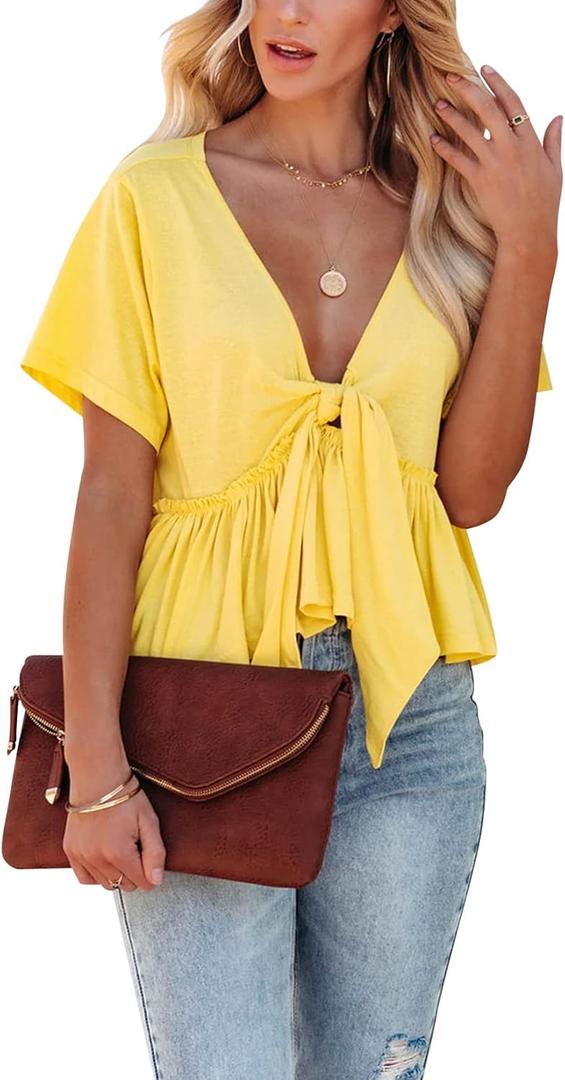Fanway&EC Women's Short Sleeve V Neck Blouses Ruffle Hem Tie Front Crop Tops Lightweight Basic Summer Tops (X-Large, Yellow)