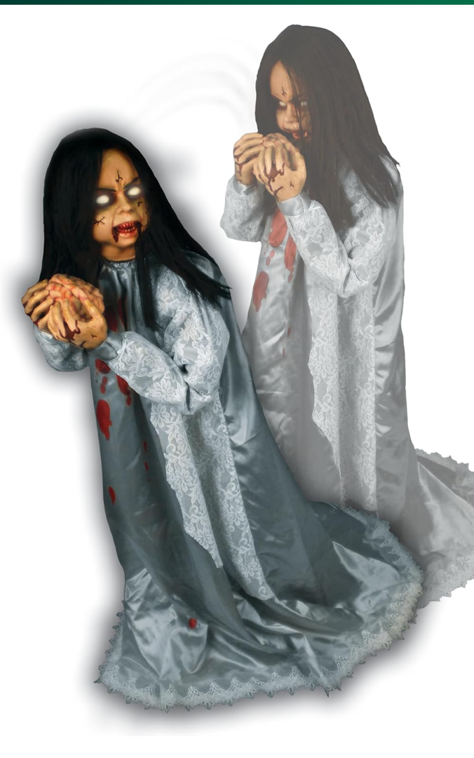 Haunted Hill Farm Rosemary by Tekky, Battery-Operated, Motion and Sound Activated Animatronic Demon Child with Sound Effects and Lights for Indoor or Covered Outdoor Creepy Halloween Decoration