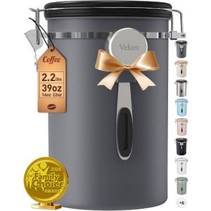 Veken Coffee Canister, 39OZ Large, Airtight Stainless Steel Food Storage Container for 2.2lbs Coffee Beans,Ground, Sugar,Espresso,Rice,Tea,Flour, Cereal,Home Kitchen Pantry Bar Accessories, Gifts,Gray