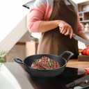 Nuogo 6 Sets Mini Cast Iron Skillet Mini Cast Iron Plates Skillet with Wooden Base Small Round Fajita Plate iron Pan Pot for Cooking Party(4.9 Inches)