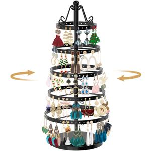MODOWEY 5 Tiers Metal Rotating Earring Holder Organizer Tree Spinning Display Stand Rack for Women Girl, 220 Holes Adjustable Large Storage for Stud Dangle Hoop, Find Earrings Easily (Round, Black)