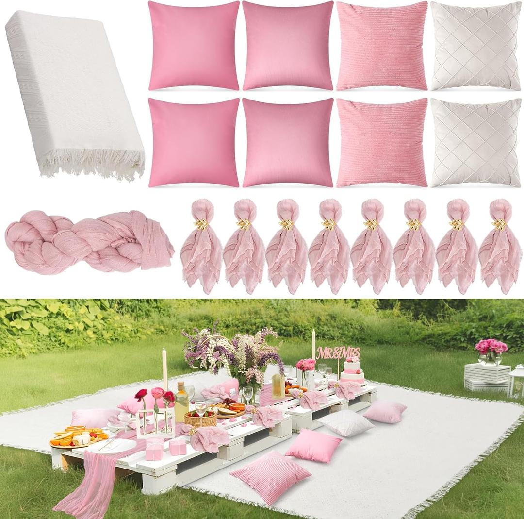 118 x 71" Extra Large Outdoor White Picnic Blankets with Pink Tulle Table Runner Cheesecloth Napkins Plush Throw Pillow Covers Oversize Beach Blanket Essentials for Wedding Picnic Camp(Classic,18)