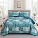 Mybedsoul Teal Blue Quilt Set King Size 3 Pieces Boho Plaid Turquoise Floral Bedspread Set Microfiber Lightweight Bohemian Bedding Bedspread Coverlet Set for All Season 90"x104"