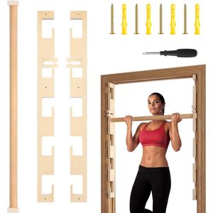 Leinuosen Doorway Pull-up Bar Sets Adjustable 5 Levels Wooden Doorway Pull-up Bar and 2 Door Frame with 6 Sets of Screw-in Heavy-duty Door-mounts to Fits 118cm