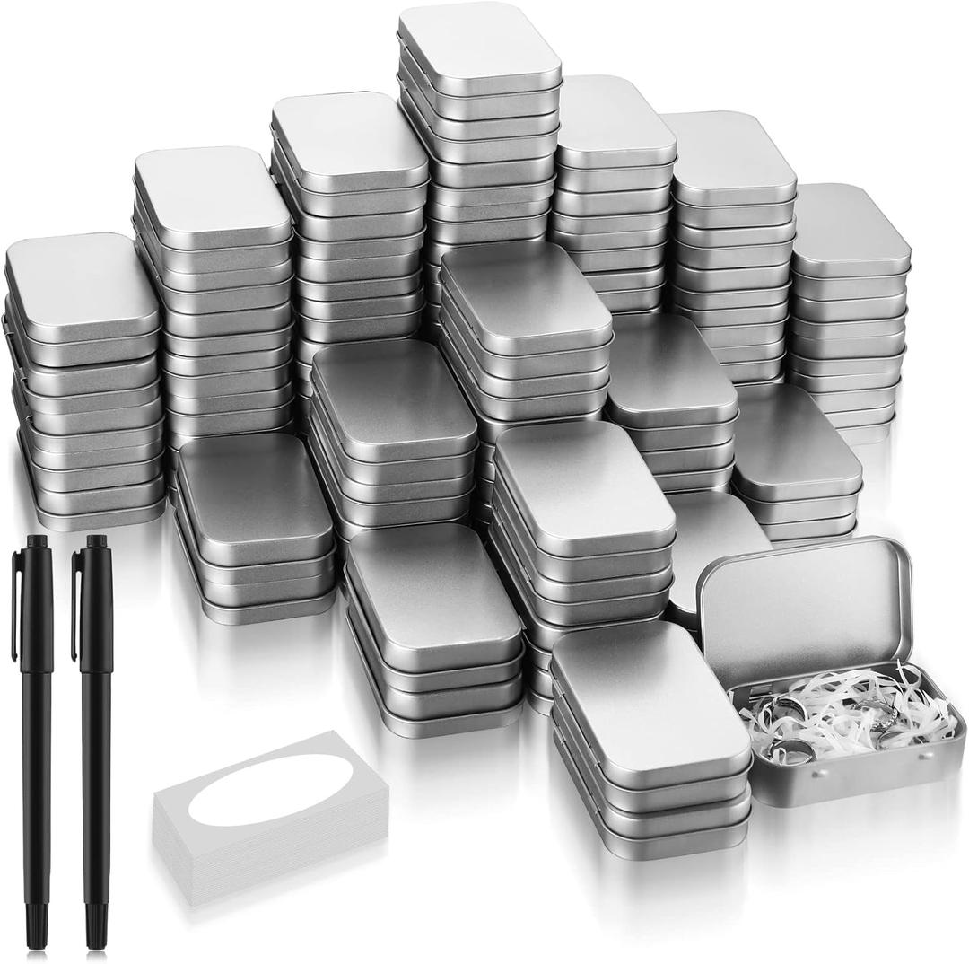 meekoo 162 Pcs Metal Tins Empty Rectangular Storage Container Kit Includes 80 Hinged Tin Box 3.7 x 2.4 x 0.8 Inch Craft Organizers Metal Boxes With Lid 80 Adhesive Tags 2 Black Paint Pens(Silver)