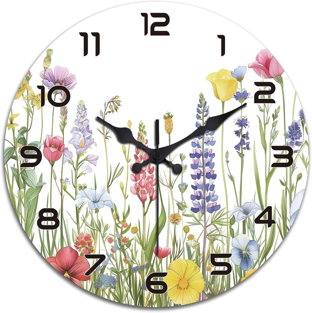 peacoblue Wall Clocks Battery Operated Wildflowers 12 Inch Glass Round Wall Clock Non Ticking for Kitchen Living Room Dining Room Bedroom and Bathroom Decor Accessories (Battery not Included)