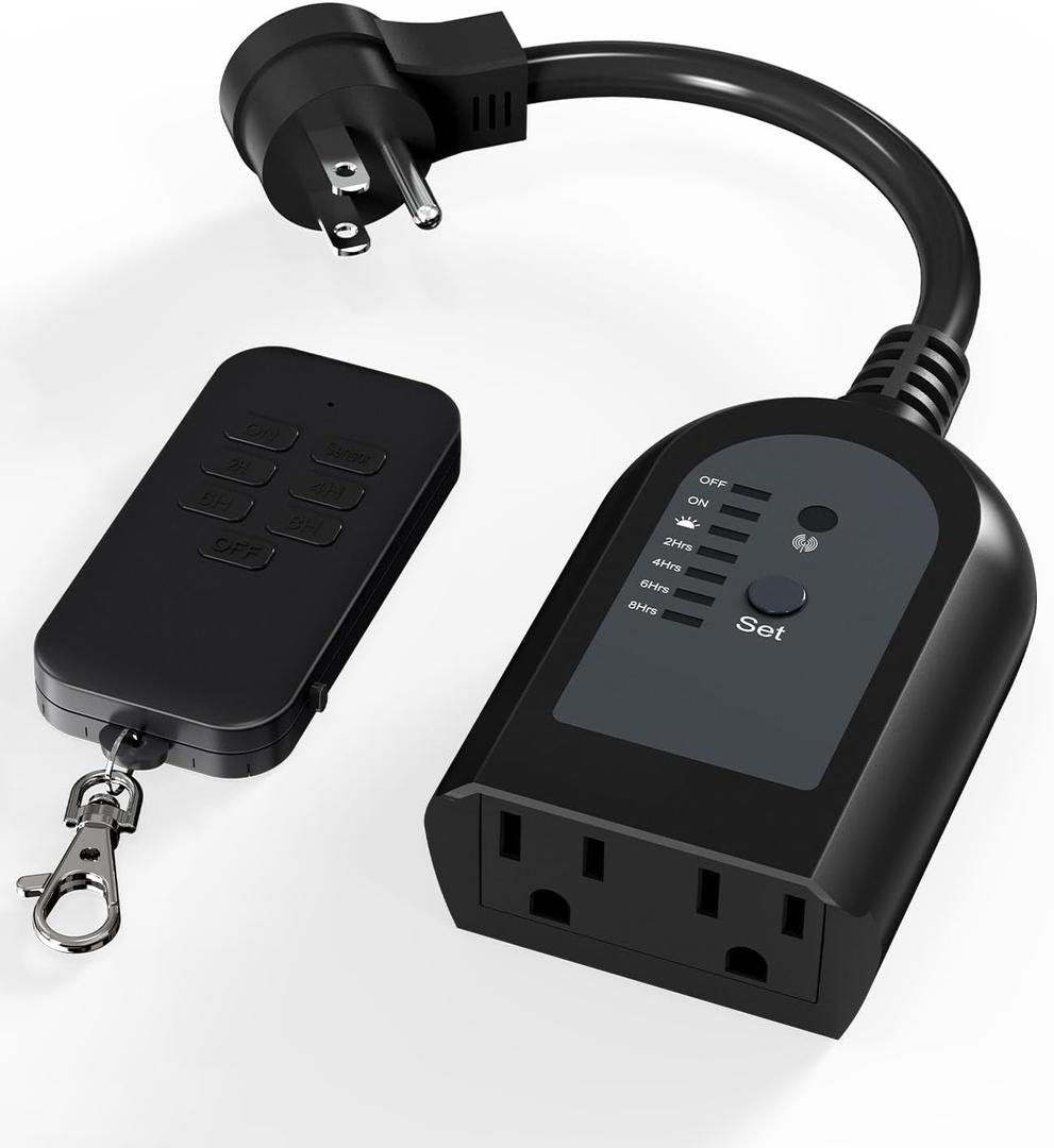 SURNICE Timer Outlet Waterproof, Dusk to Dawn Light Sensor Outdoor Light Timer with 2 Grounded Electrical Sockets for Lights, 260 Feet Range, 15A 1/2HP, FCC and ETL Listed SURNICE Timer Outlet Waterproof, Dusk to Dawn Light Sensor Outdoor Light Timer with 2 Grounded Electrical Sockets for Lights, 260 Feet Range, 15A 1/2HP, FCC and ETL Listed