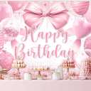 Riyidecor Pink Bow Happy Birthday Banner Backdrop 7Wx5H Feet Polyester Fabric Girls Coquette Birthday Decorations Bownot Balloons Photography Background Bachelorette Decor Banner Studio Photo Shoot
