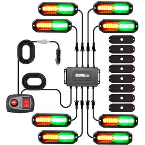 WINECO 8PCS LED Strobe Lights kit12V Sync Feature Green Amber 12LED Emergency Hazard Warning Lights with Strobe Controller for Trucks Vehicles ATV RV Cars Van