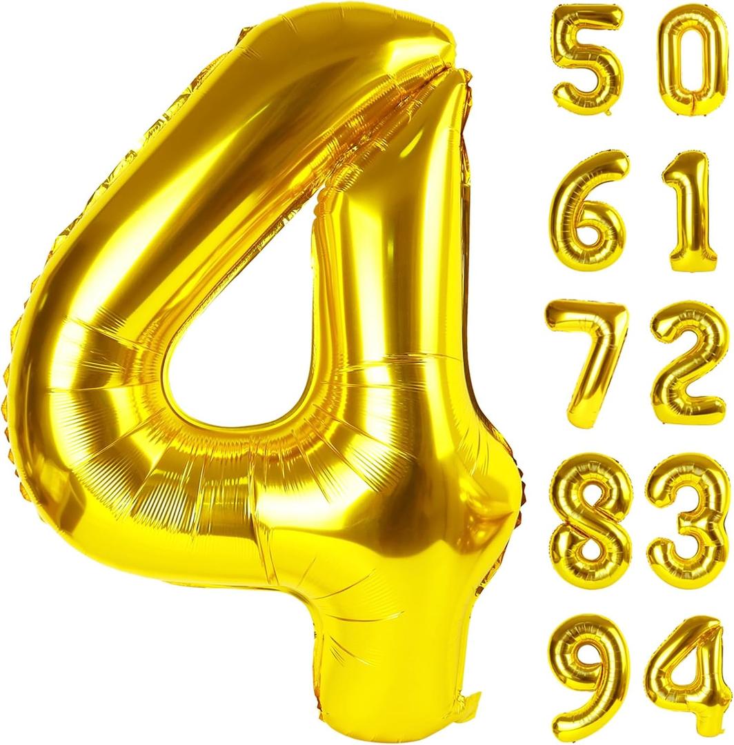 Gold 4 Balloon, Number Balloon 40 Inch, 4th Gold and Black Party Decorations, Four Large Numbers for Party Decor, Number 4 Balloon