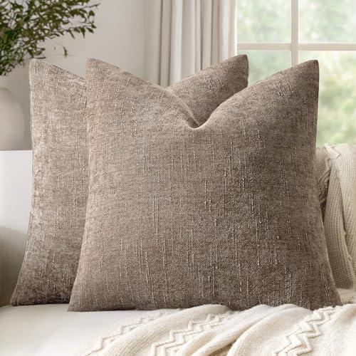 Woaboy Set of 2 Textured Throw Pillow Covers Decorative Soft Accent Square Chenille Pillowcases Neutral Farmhouse Cushions Modern Home Decor for Couch Sofa Bedroom Living Room 18x18 Inch, Taupe Gray