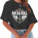 Women's Summer Cropped T Shirts Funny Rock and Roll Country Music Graphic Print tees Short Sleeve Casual Crop Tops L