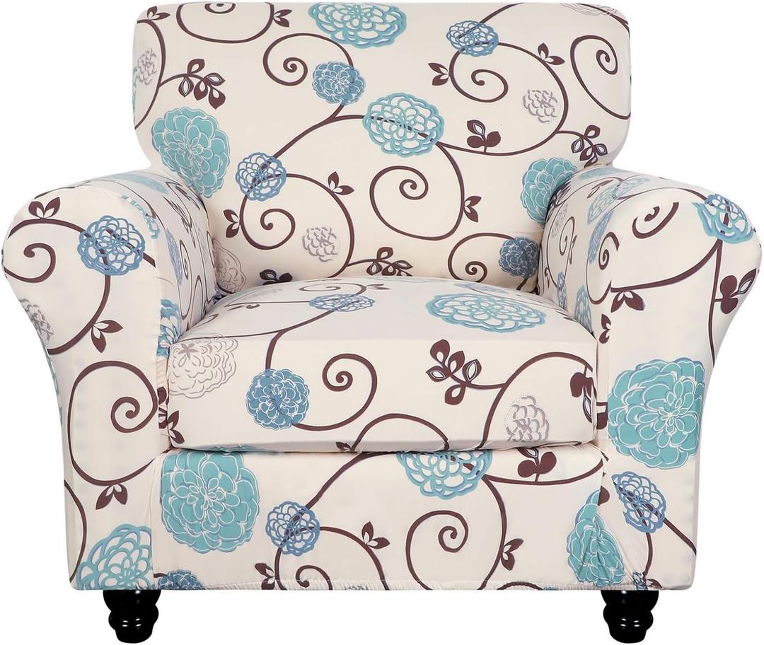 SearchI Stretch Sofa Cover Printed Couch Covers, Floral Pattern 2 Piece Armchair Slipcover with Separate Chair Cushion Cover, Washable Furniture Protector for Living Room (Armchair, Ball Flower) (Small)