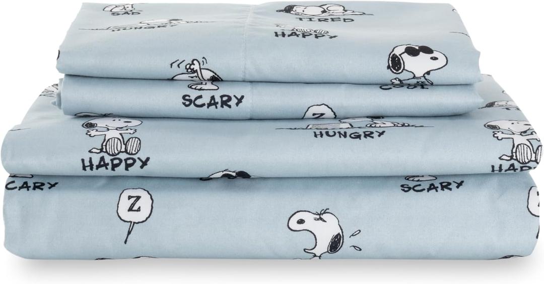 Berkshire Blanket Peanuts Kids Sheet Set Queen Size - 4 Pieces,Cute Character Snoopy Printed Soft Microfiber Bed Sheets,Peanuts Different Emotion Murky Blue