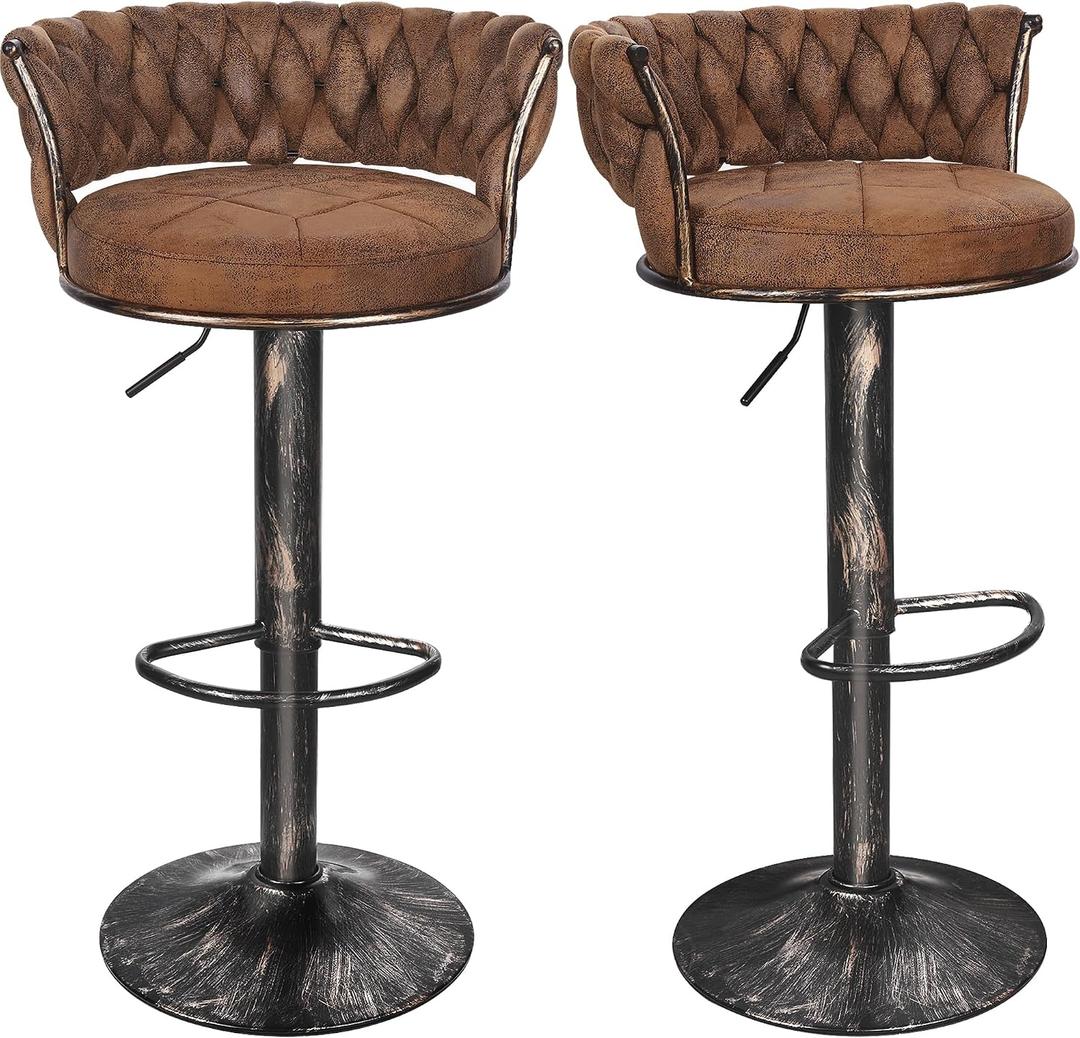 VECELO Bar Stools Set of 2, Adjustable Barstools Counter Height Stools with Back and Arm, 360° Swivel Bar Chair with Metal Leg Base for Kitchen Island Counter, Industrial Style, Dark Brown