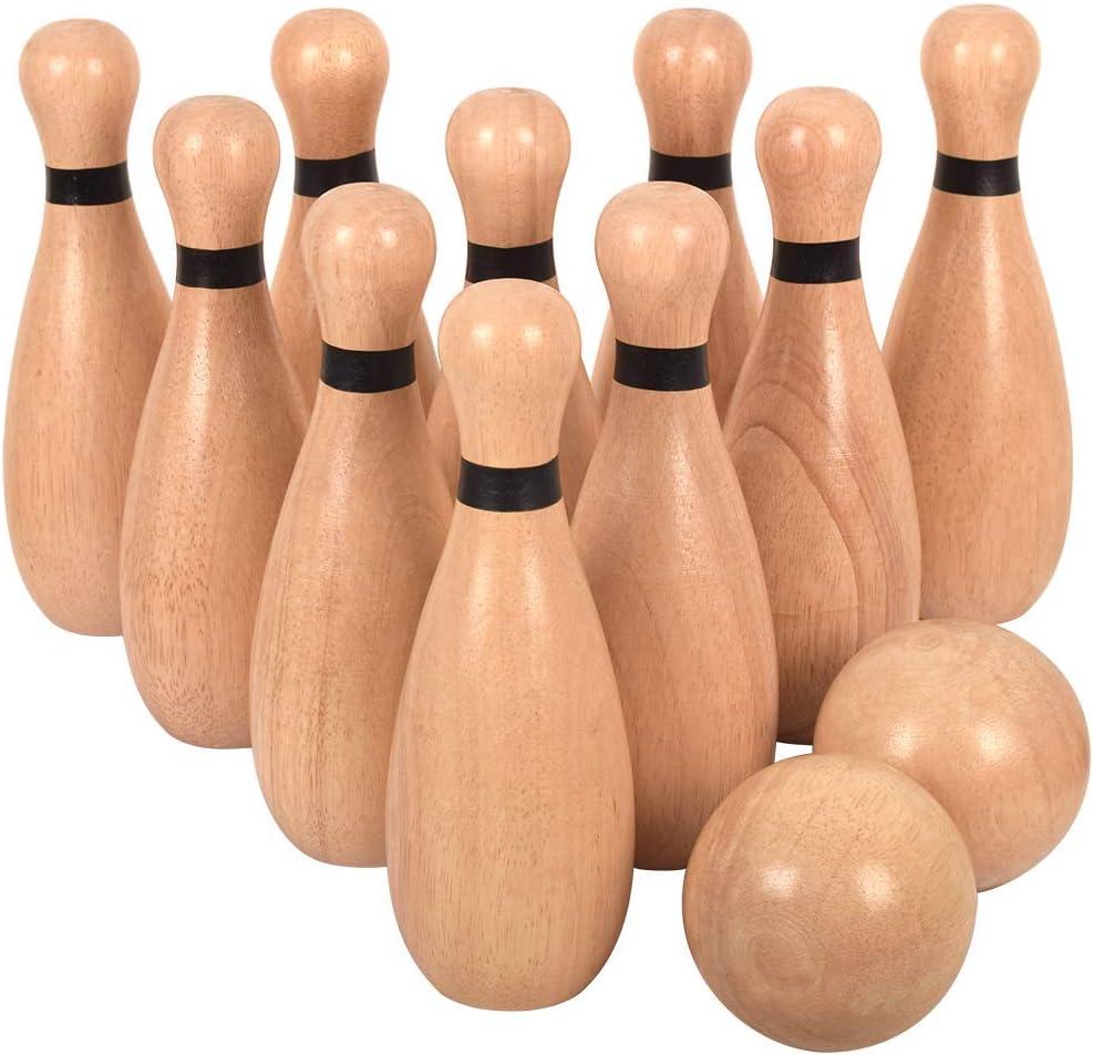 NI-ROU Outdoor Giant Lawn Bowling Games Rubber Wooden Lawn Set Fun Sports Games Outside or Indoor for Family Adults and Kids Backyard Skittles Carrying Bag with 10 Pins and 2 Balls (Medium)