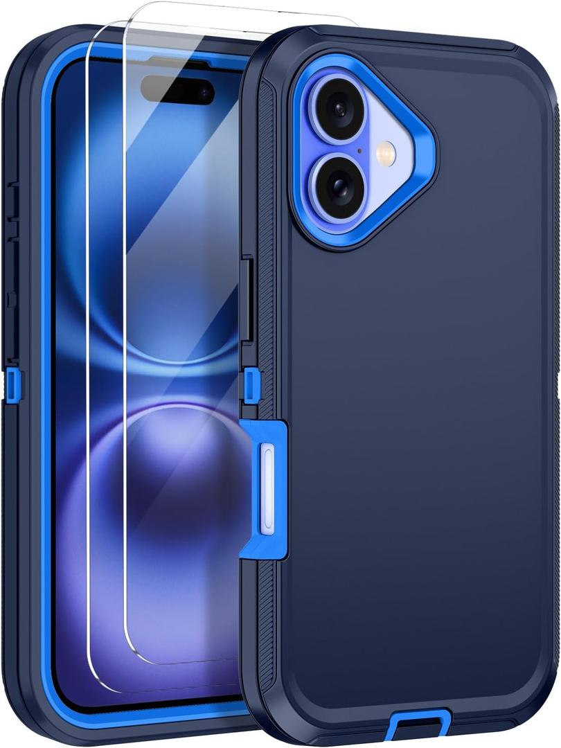 for iPhone 16 Case with 2 Pack Tempered Glass Screen Protector Heavy Duty Protective Shockproof 3-Layer Full Body Protection Tough Rugged Cover for Apple iPhone 16 6.1",Navy Blue
