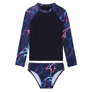 Tziharora Girls Swimsuit Size 6-7 Years Old Black Lightning Print Two Piece Long Sleeve Rash Guard Bathing Suits (Black, S)