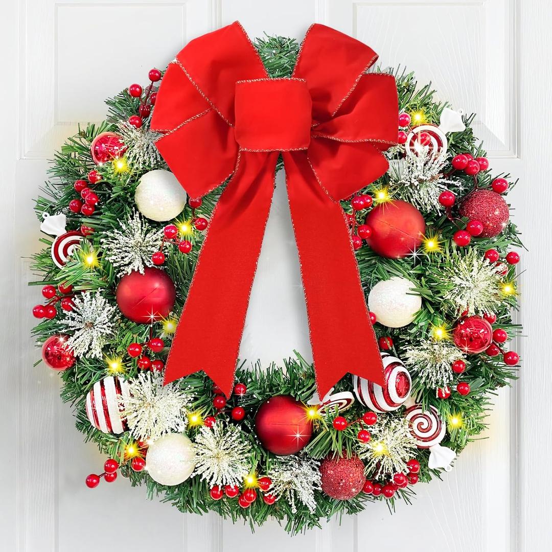 Christmas Wreath Decorations, 20" Christmas Wreaths for Front Door with Red Bow, Christmas Door Wreath with Balls & Berries for Indoor Outdoor Fireplace Wall Window Christmas Decor