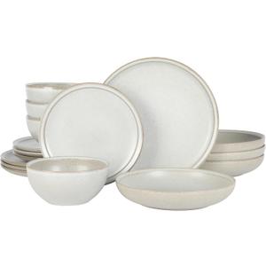 Gibson Elite Beckett Stoneware Matte Reactive Glaze 16 Piece (Service for 4) Plates and Bowls Dinnerware Set - Linen White