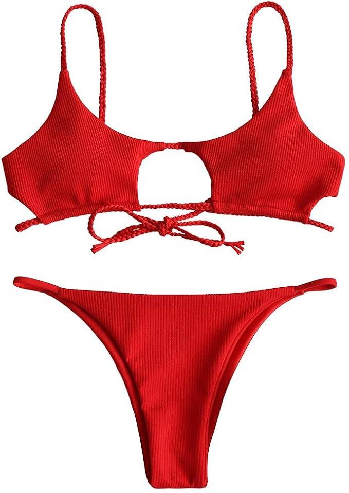 ZAFUL Women's Ribbed Cut Out Bikini Set String Swimwear Sexy Brazilian Thong Bikini Two Piece Swimsuits, L