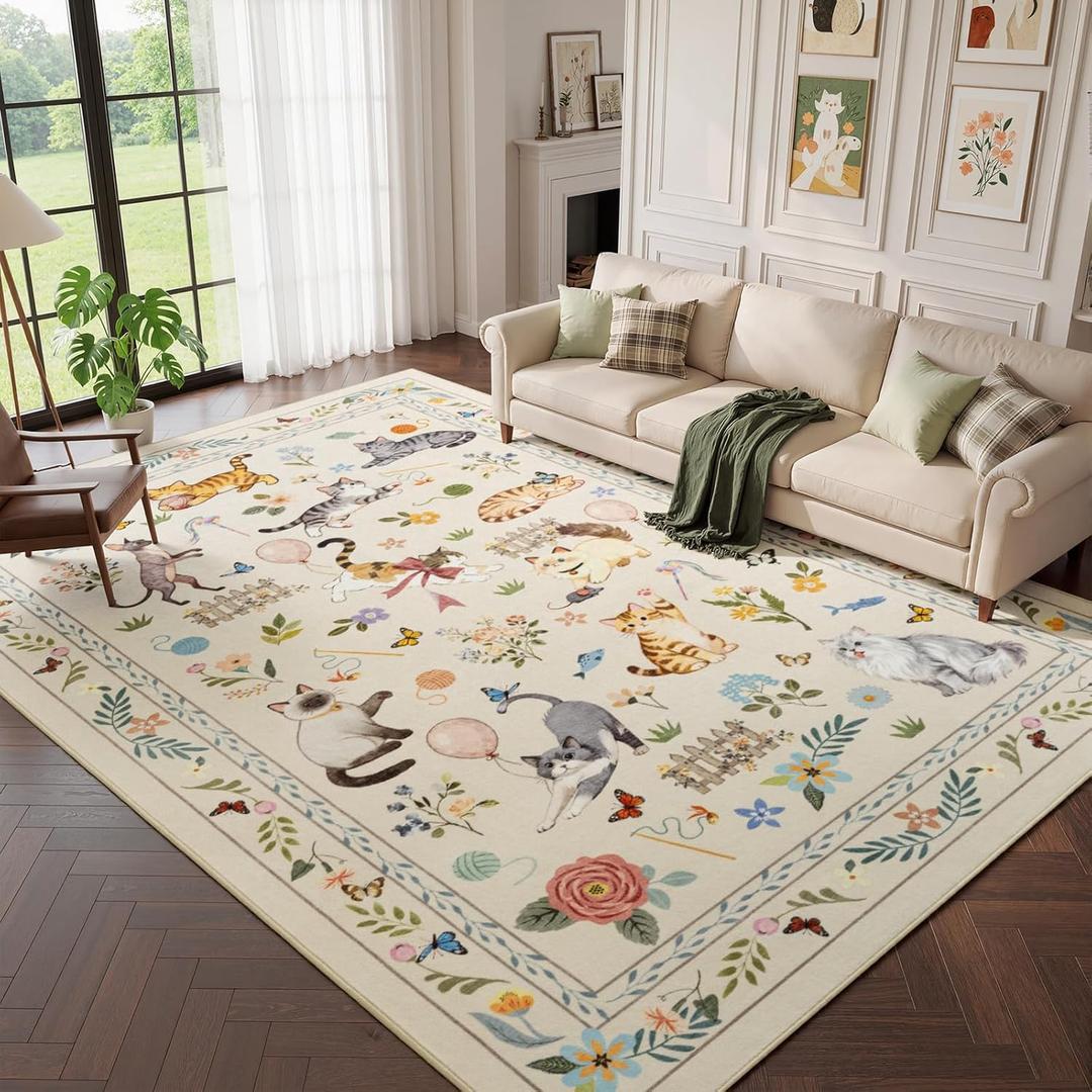 Unirea 9x12 Beige Cat Area Rug for Living Room, Bedroom, Large Soft Washable Kids Rug, Non Silp Animal Rugs for Home Office, Playroom, Thin Low Pile Stain Resistant Carpet for Dining Room