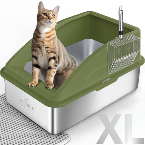Stainless Steel Litter Box | XL Enclosed Cat Litter Box with Lid for Big Cats | High Sided, Anti-Urine Leakage | Non-Stick Bottom & Includes Litter Mat & Metal Scoop