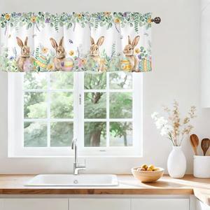 Zedliyu Spring Easter Valance for Windows, Window Treatment Eggs Bunny Cute Rabbits Green Leaves Floral Curtains Rod Pocket Sheer Small Short Valance for Kitchen Bathroom Laundry Basement, 42Wx12L inch