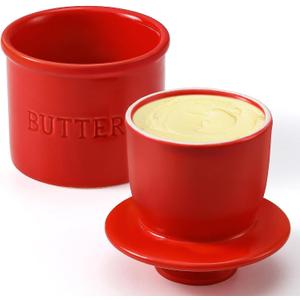 Butter Crock with Lid for Countertop - Ceramic French Butter Dish for Spreadable Soft Butter, Butter Container Holder with a Water Seal, Housewarming Gift, Kitchen and Home Decor, Red