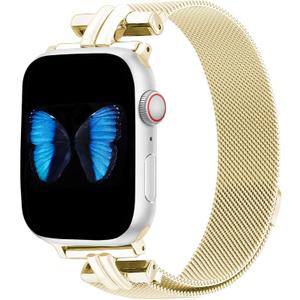 Slim Metal Band for Apple Watch Bands for Women 41mm 40mm 38mm 45mm 44mm 42mm 49mm, H-shaped Magnetic Strap Stainless Steel Mesh Clasp for iWatch Series 10 9 8 7 6 5 4 3 2 1 SE (Gold)