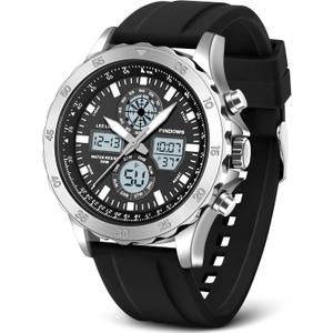 Watch for Men Watches Sport Military Waterproof Watches Analog Digital Watches Stainless Steel Watches with Alarm Stopwatch LED Light Hourly Chime Multi-Function Wristwatch (Silver-Black)