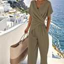 Women's 2pcs Stylish Short Sleeve Set Summer Front Cross Tie Wide Leg Pants Set Casual Irregular Top with Pockets Outfit (Khaki, S)