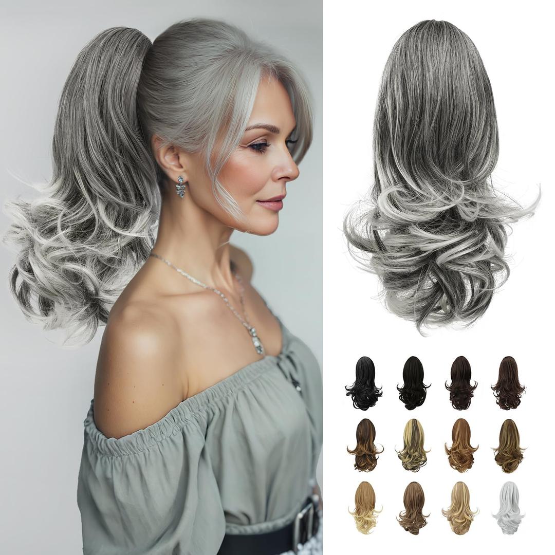 SOFEIYAN 13" Ponytail Extension Long Curly Ponytail Clip in Claw Hair Extension Natural Looking Synthetic Hairpiece for Women, Salt and Pepper