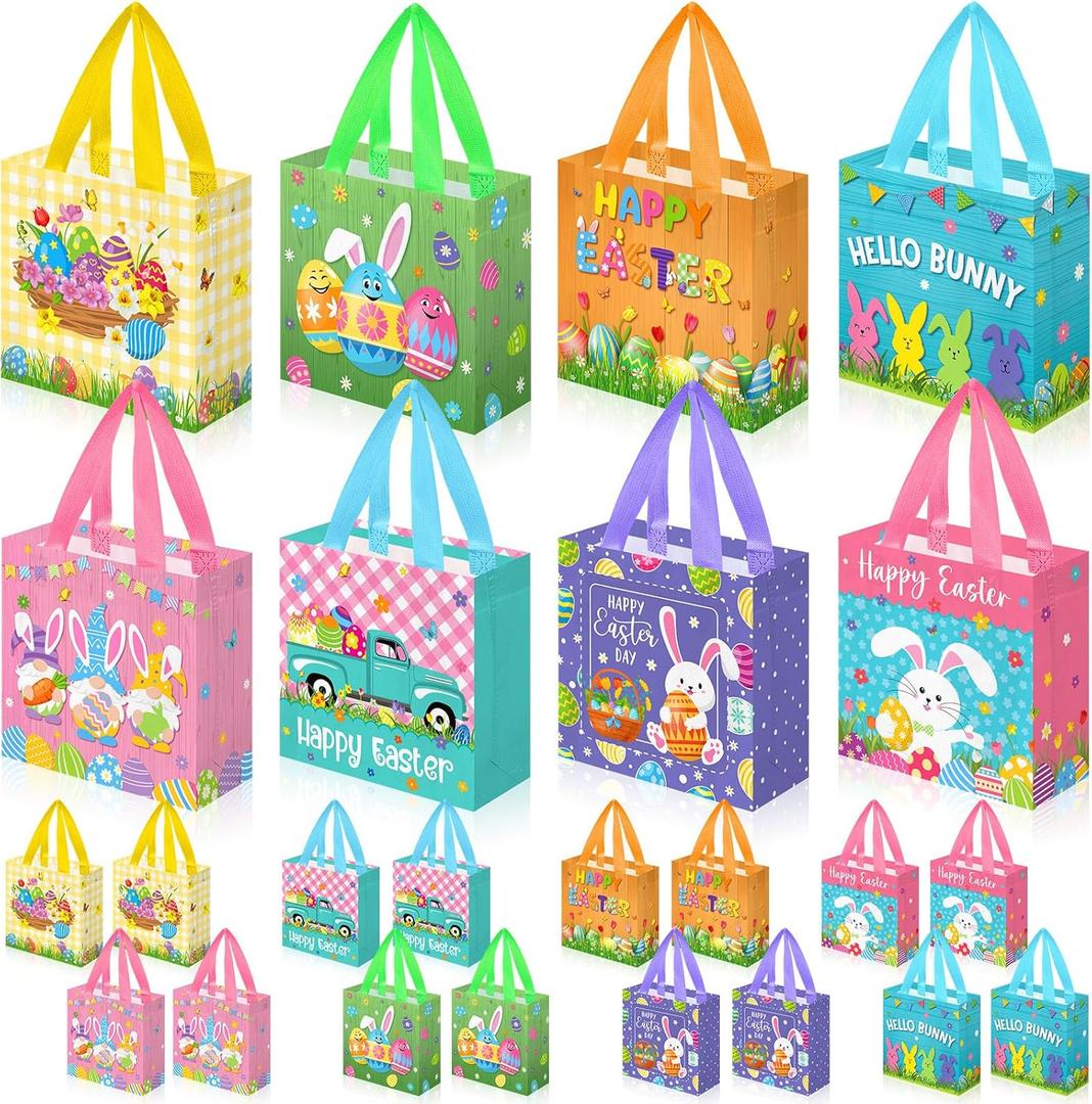 Gilprop 32 Pcs Easter Gift Bags Bulk with Handles Easter Egg Hunt Tote Bag Reusable Non Woven Bunny Holiday Goodie Basket for Carrot Chick Egg Hunt Game Party Favors, 8 Unique Patterns