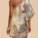 Floerns Women's Floral One Shoulder Mini Dress Dolman Sleeve Vacation Tunic Dresses (Brown, M)