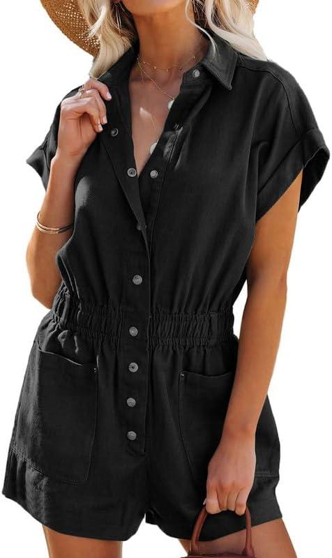 Dokotoo Women's Summer Trooper Utility Cargo Rompers Short Sleeve Button Down Pockets Jumpsuits (S, Black)