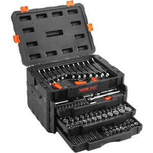 VEVOR Mechanics Tool Set and Socket Set, 1/4" 3/8" 1/2" Drive Deep and Standard Sockets, 450 Pcs SAE and Metric Mechanic Tool Kit with Bits, Combination Wrench, Hex Wrenches, Accessories, Storage Case