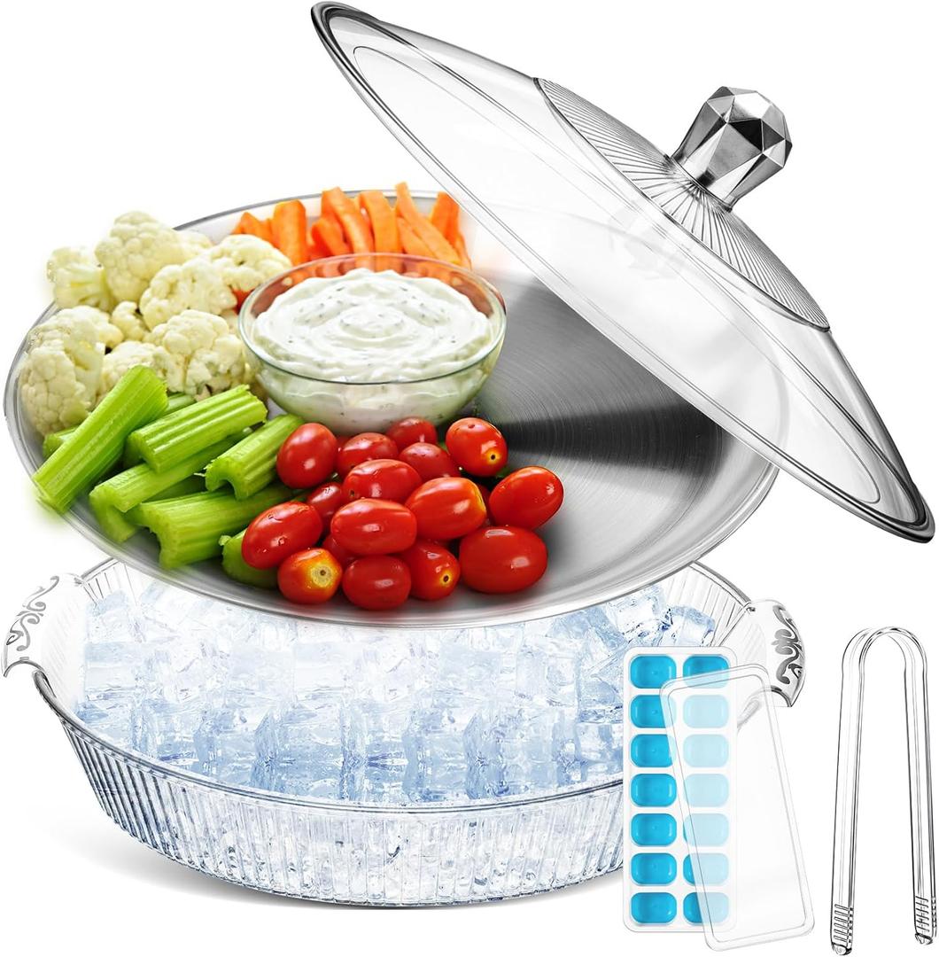 Baderke 1 Set 10" Chilled Serving Tray for Parties with Compartments and Lid Ice Chilled Platter Charcuterie Serving Board for Fruit Seafood Vegetable Appetizer Shrimp Cocktail (Silver)