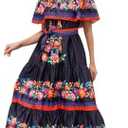 Women Mexican Dress Off Shoulder Floral Long Maxi Dress Summer Beach Party Cinco de Mayo Dresses with Belt, S