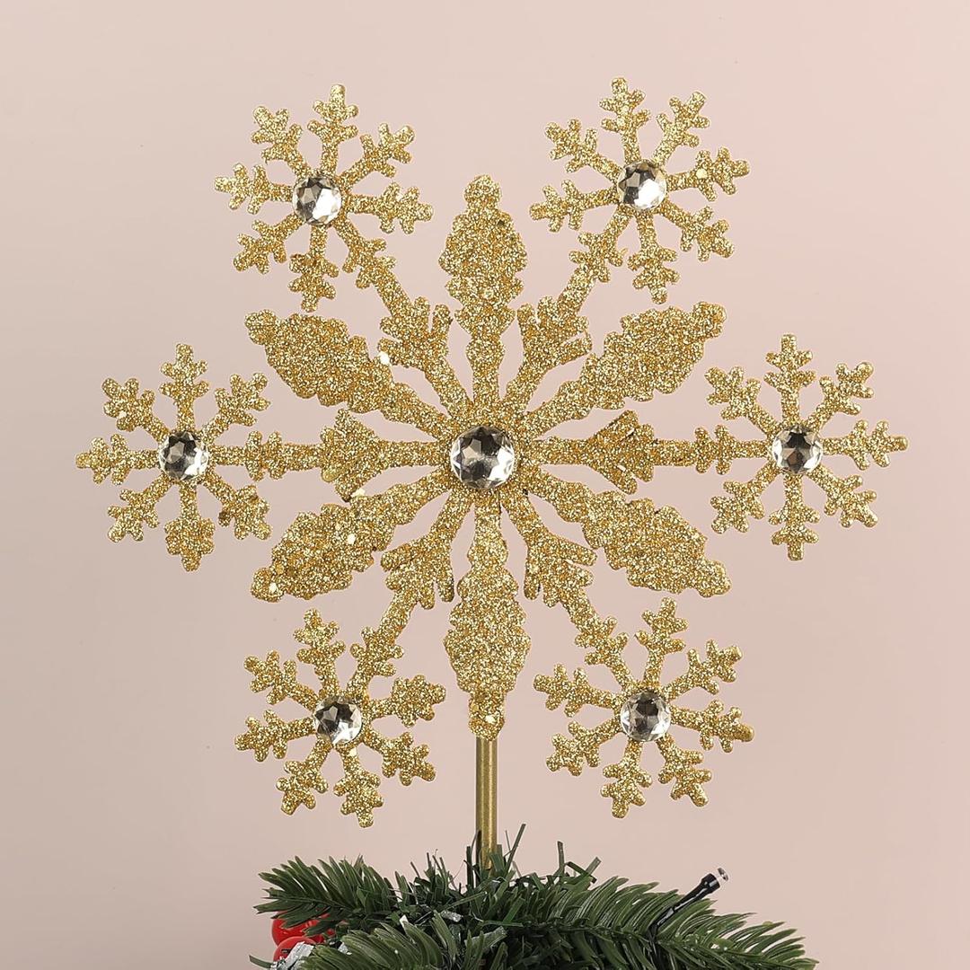 Christmas Tree Topper, hogardeck Gold Snowflake Tree Topper for Christmas Decor, Glittered Tree Toppers for Christmas Tree Decorations for Indoor Home