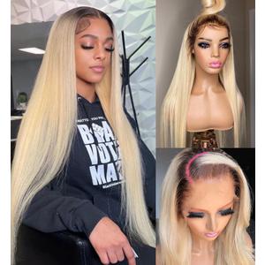 Ombre Blonde Lace Front Human Hair Wig 150% Density 1B613 for Women 13x4 HD Undetectable Melted Lace Frontal Wigs 20Inch Ombre Blonde with Dark Roots Straight Pre Plucked Bleached Knots Wigs (20 Inch, #13x4 1B613 Ombre Blonde)