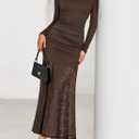 ZESICA Women's Long Sleeve Off Shoulder Bodycon Dresses Fall 2026 Ruched Lace Wedding Guest Cocktail Formal Maxi Dress (Brown, L)