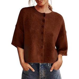 Saodimallsu Womens 3/4 Sleeve Cardigan Sweaters Button Down Crewneck Knit Cropped Tops Casual Fall Outerwear, S