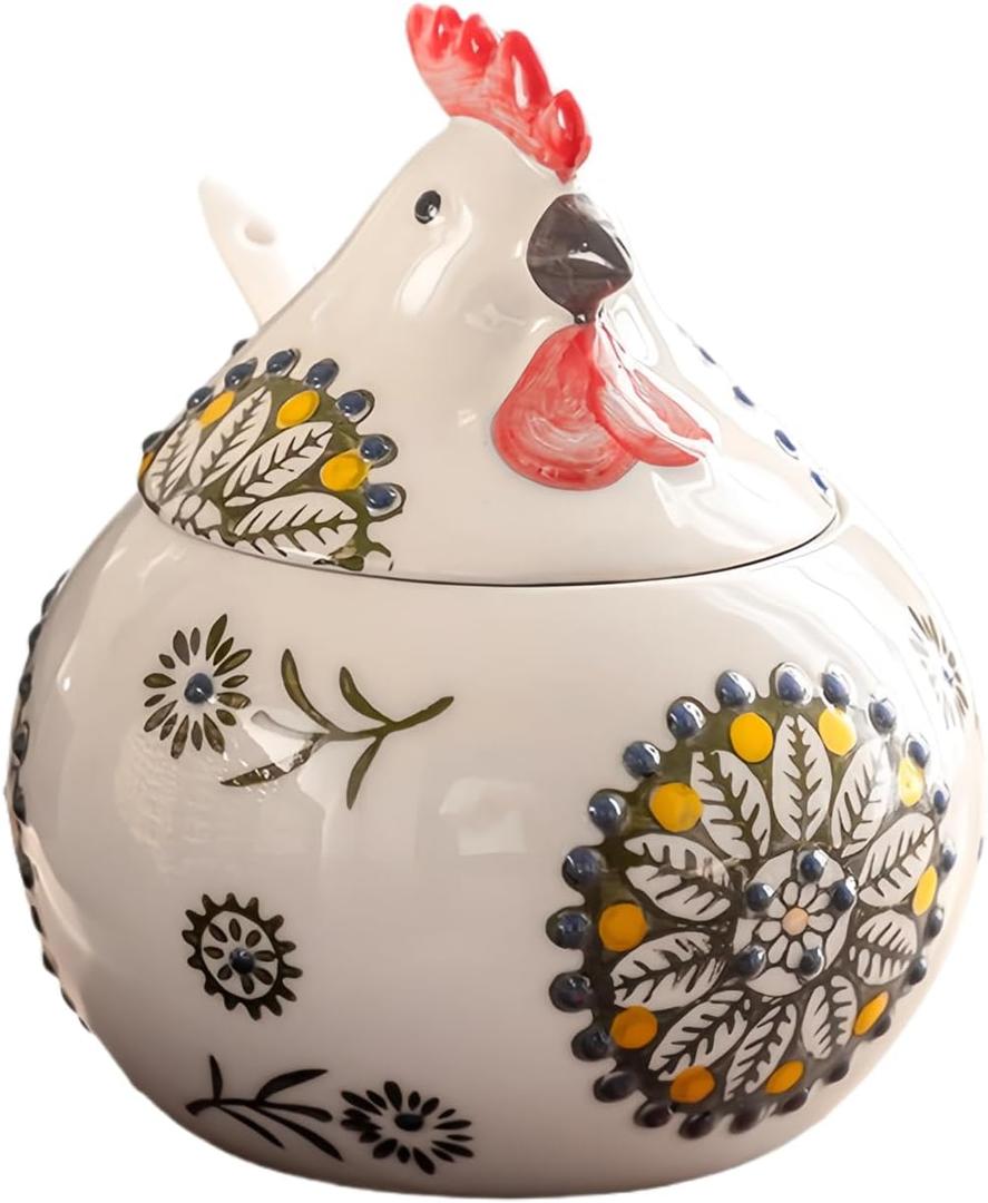 Frezonika Ceramic Salt Cellar with Lid and Spoon, 13 OZ Large Chicken Salt Jar, Salt Holder for Counter, Coffee, Sugar, Spices and Candies, Salt Containers for Countertop (Green)