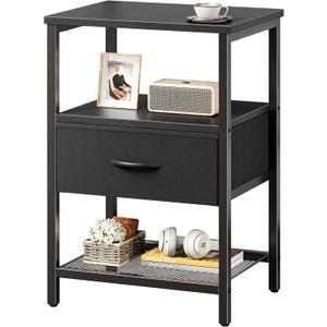 Huuger Night Stand with Fabric Drawer, Side Table with Mesh Shelf, Bedroom Nightstand, Fabric Drawer Dresser, Open Shelf, Metal Frame, Couch Side, Black